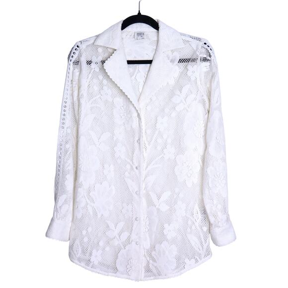 HEMANT & NANDITA Chemical Lace Button Front Shirt White Floral Women's XS - Picture 2 of 13